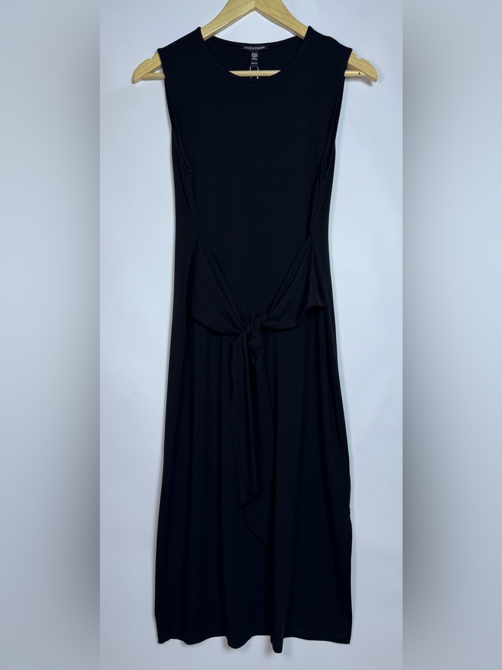 Eileen Fisher Black Tie Front Jersey Knit Midi Dress NWT XS
